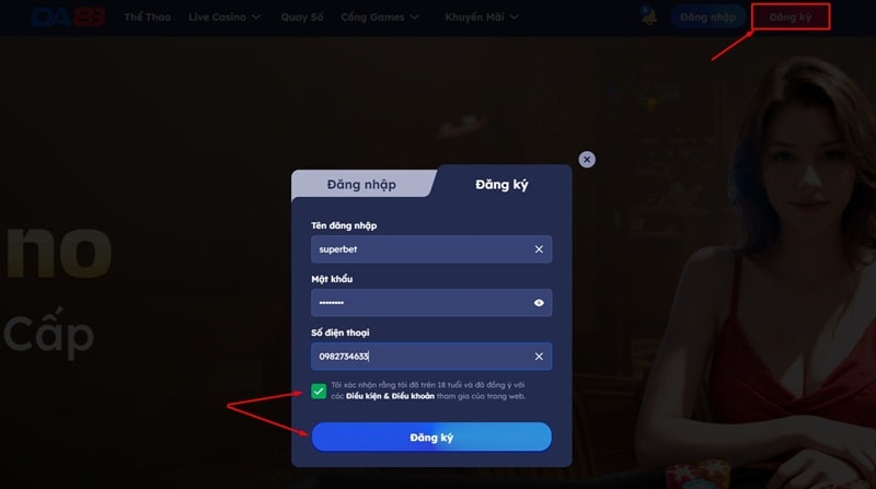 Nhập đầy đủ và chính xác thông tin đăng ký DA88
