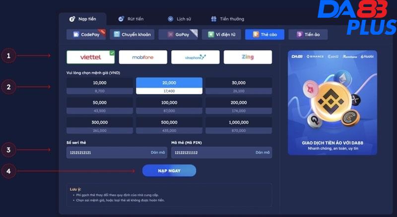 DA88 hỗ trợ nạp tiền qua 4 loại thẻ cào