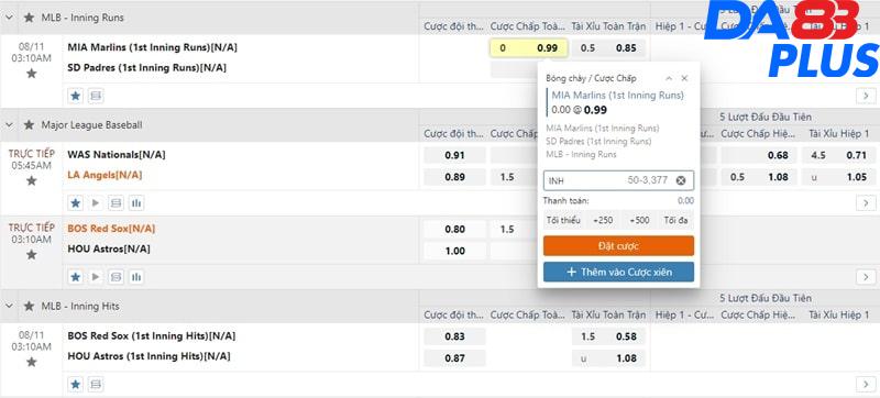 Các loại kèo cược bóng chày chính tại DA88